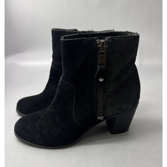 Franco Sarto Womens 6.5M Yogi Black Suede Metallic Heel Ankle Boots Side Zip - Picture 1 of 8